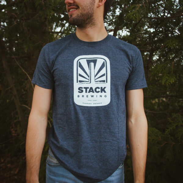 Man wearing grey Stack t-shirt